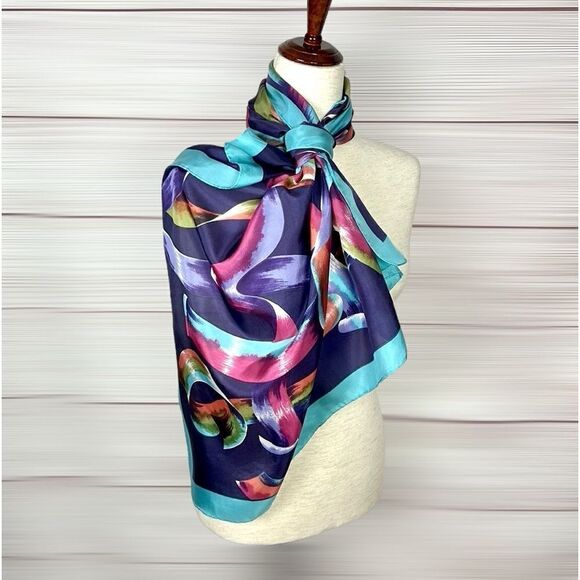 Alexander Julian Silk Scarf Scrolling Ribbons Plum Turquoise Hand Rolled - Picture 5 of 9